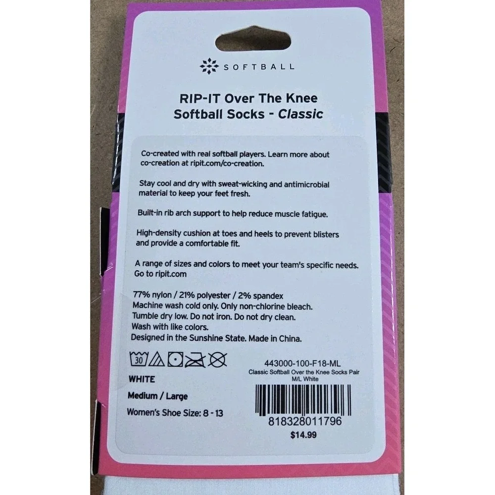 RIP-IT  Over The Knee Softball Socks Classic M/L WHITE NWT‎